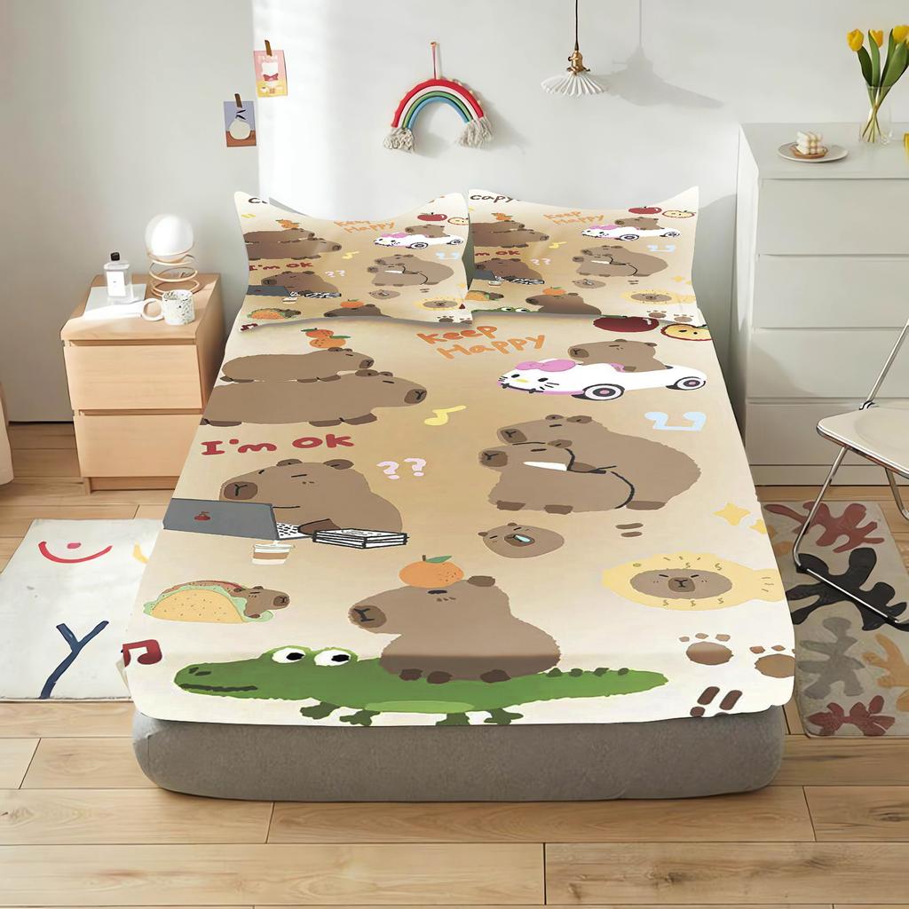 Capibara Cartoon Fitted Sheet For Children, Cute Digital Printing, Coverage, Baby Teenager With Sheets Cover, Elastic Bedding