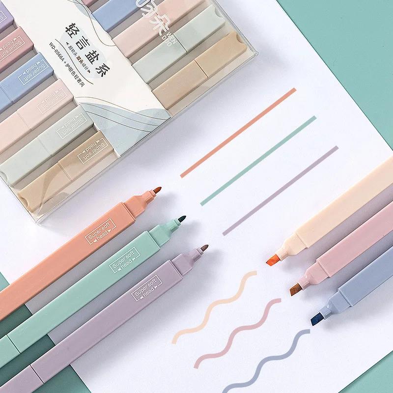 6 peças Morandi Color Double Head Highlighters para estudantes Notas Secagem rápida Desenho Marcadores de cor Arte Material escolar Papelaria