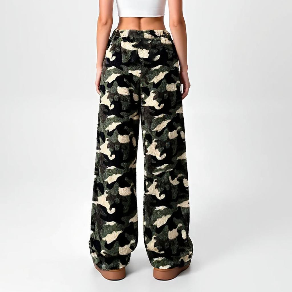 Women's Loose Elastic Drawstring Plush Checked Long Pants