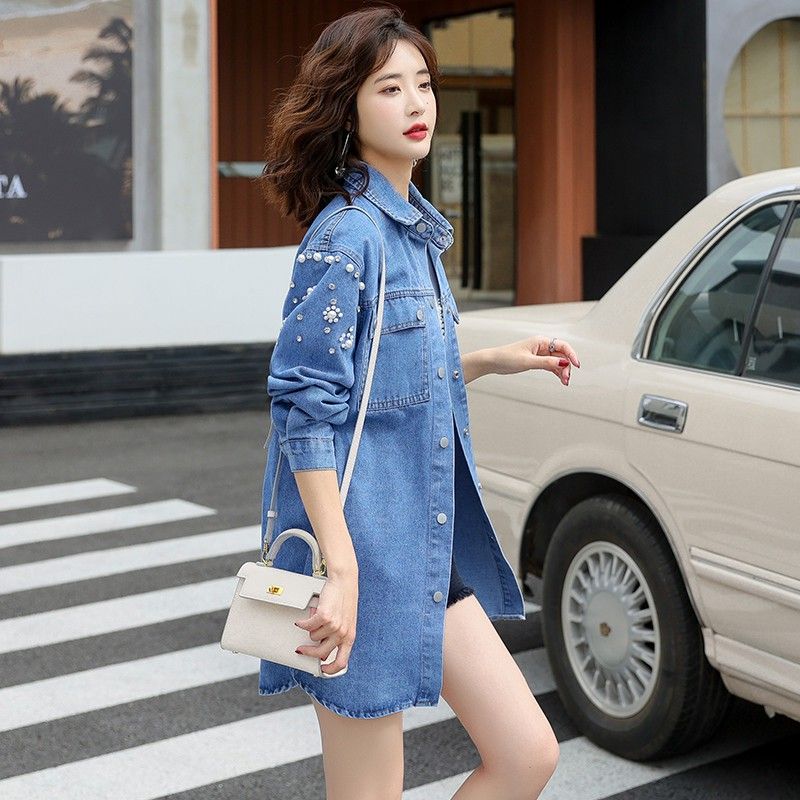 Korean Style Blue Denim Shirt Women Loose Elegant Embroidered Stand Collar Spring Autumn Casual Blouse