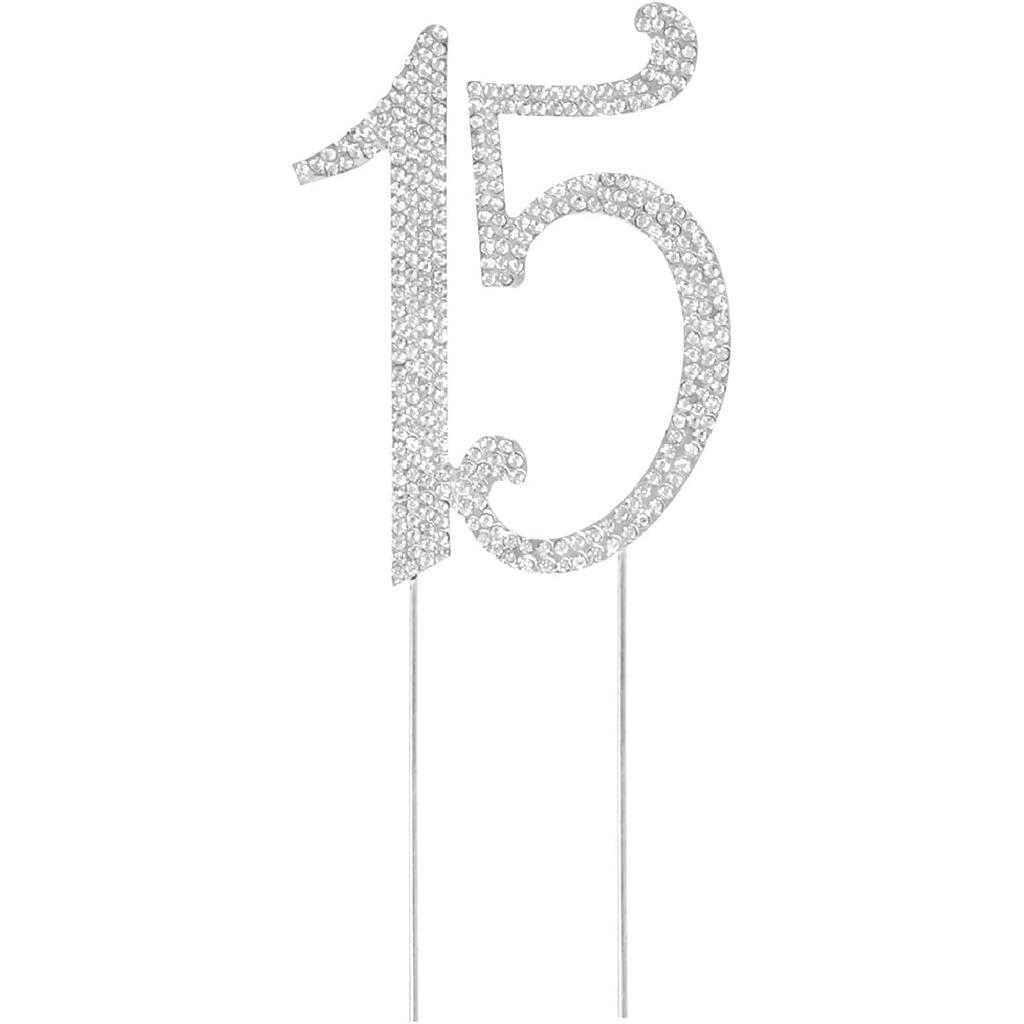 Honbay 15 Birthday Cake Topper Sparkly Bling Alloy Crystal Rhinestones Cake Topper Cake Decoration for 15th Birthday or Anniversary Party (Gold)