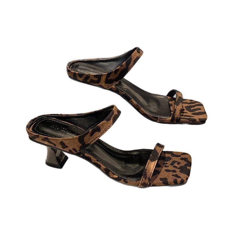 Niche French leopard print high heels one-word slippers women's shoes wear 2025 new summer stiletto sandals