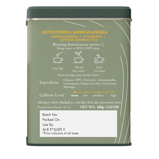 LUXMI Estates Astounding Ashwagandha Root Herbal Tea – 100g Loose Leaf Pack | USDA Organic | With Turmeric, Ginger, Lemongrass & Herbs | 50 Cups