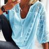 Women Summer Casual Cotton Blouse Loose U Neck White Top Three Quarter Sleeve With Lace Stitching Fashion Shirt