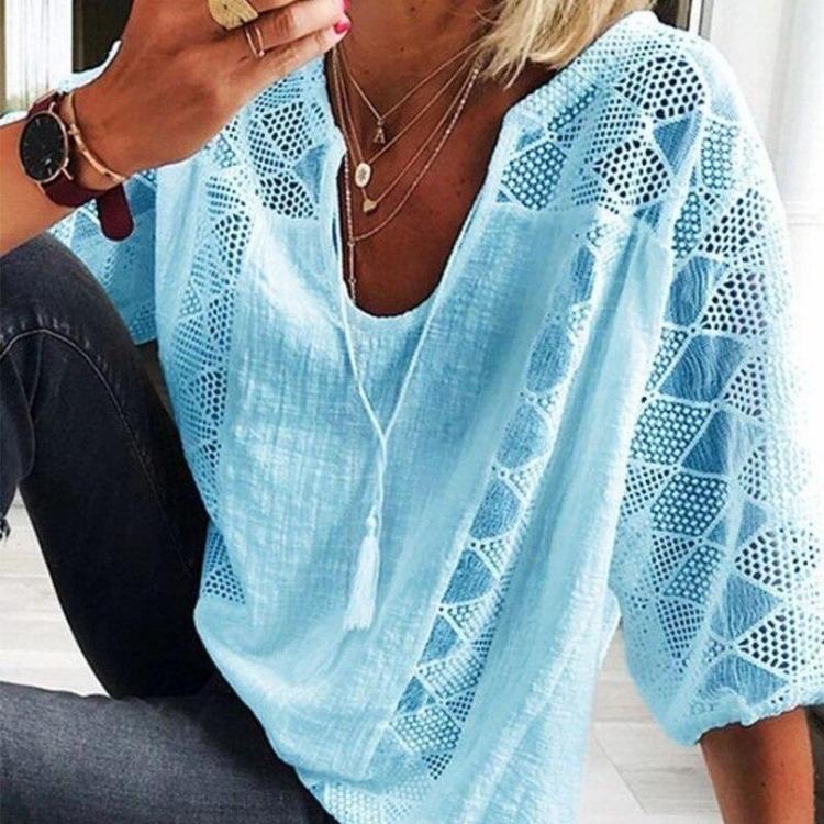 Women Summer Casual Cotton Blouse Loose U Neck White Top Three Quarter Sleeve With Lace Stitching Fashion Shirt