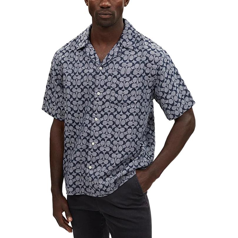 Coach SS24 Printed Single-Breasted Cuban Collar Short Sleeve Shirt Men shirts Blue C7812-BLU