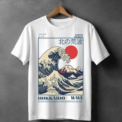 Hokkaido Wave Japanese Graphic T-shirt Men and Women Summer Cotton Y2K Clothing Short Sleeved Tee