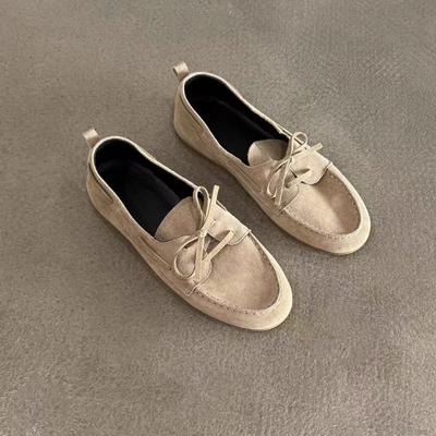 Sheepskin Version~ Genuine Leather Flat-bottomed Retro Lace-up Single Shoes Women's 2025 New One-pedal Lazy Loafers Small Leather Shoes
