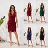 Abito da Festa Midi a Colore Unito con Scollo a V Senza Maniche Vita Alta Orlo Irregolare per Donna