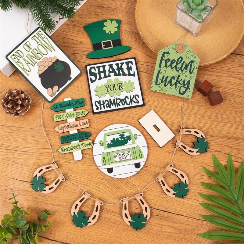 Patrick's Day Tiered Tray Decorations Gnome Leprechaun's Hat Shamrock Wooden Signs Decorations for Patrick's Day Decor
