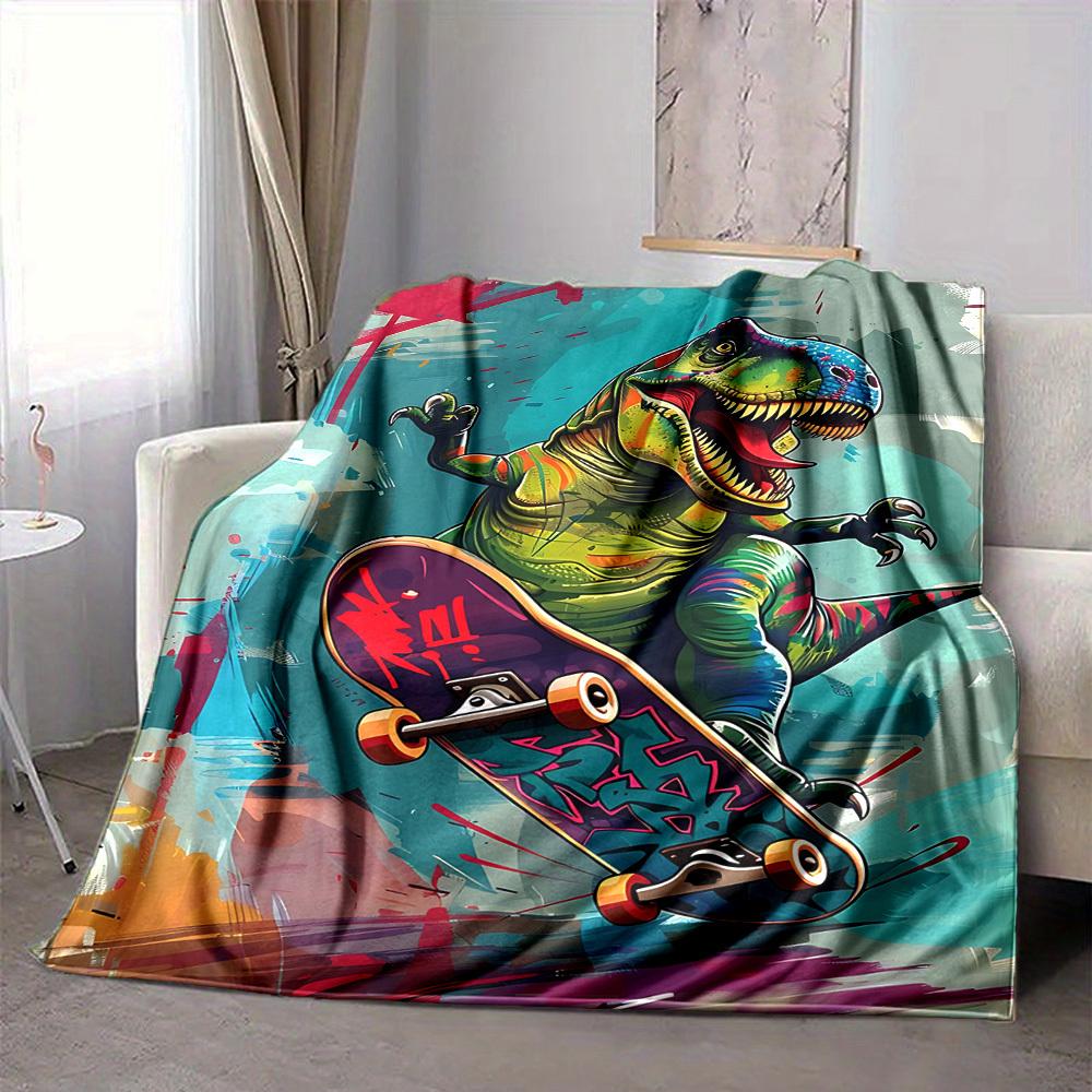 1pc DinoSkateboard Blanket, Lightweight Flannel Throw Blanket For Sofa, Bed, Travel, Camping, Living Room, Office, Couch, Chair, And Bed