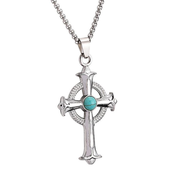 Turquoise European-Style Cross Pendant Necklace - Trendy Punk Fashion Sweater Chain Ornament