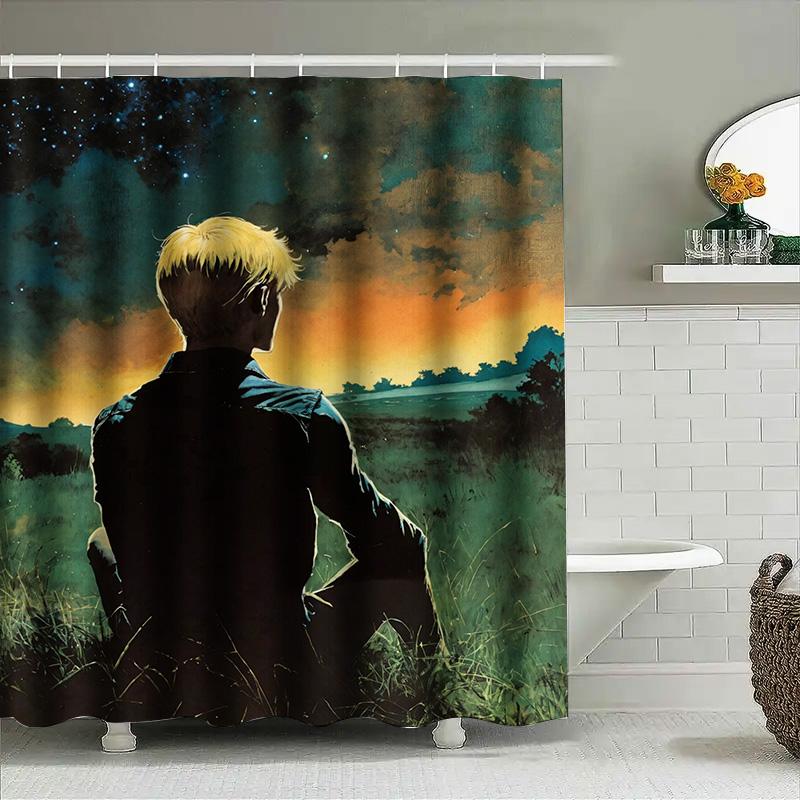 Modern Bathroom Shower Curtain Featuring A Starry Sky Landscape With A Young Man Sitting In Nature High-Quality Printing Perfect