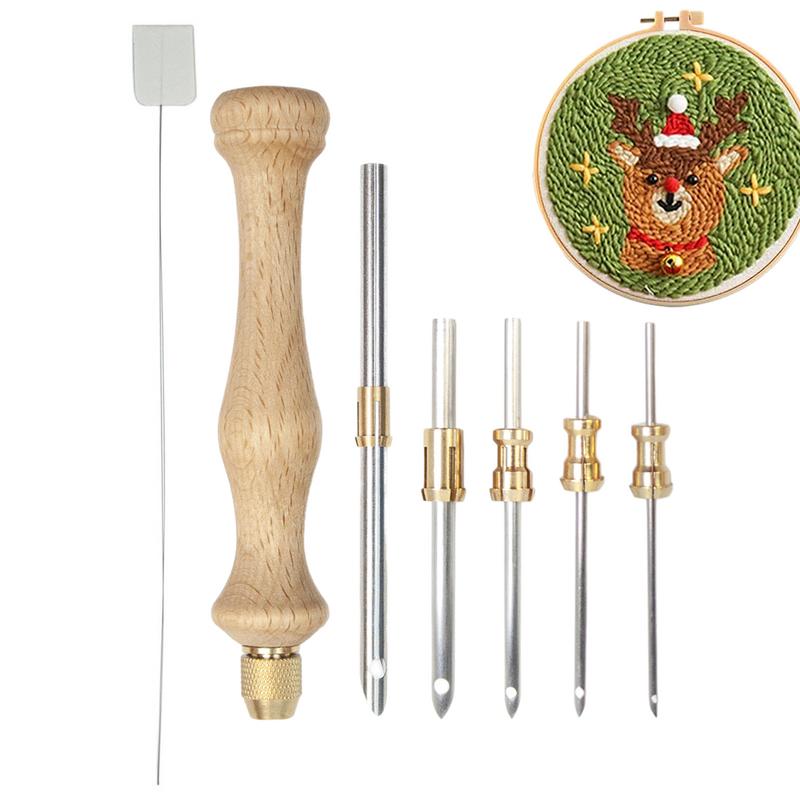 Punch Needle Kits Wooden Handle Punch Pen Embroidery Tools 5/3.5/2.5/2/1.6mm Needles Hooking Tool Kits for Embroidery Floss