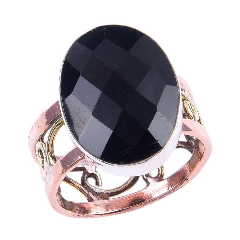 Natural Black Onex Gemstone Handmade 925 Sterling Silver Two Tone Ring S.9 Y5N38