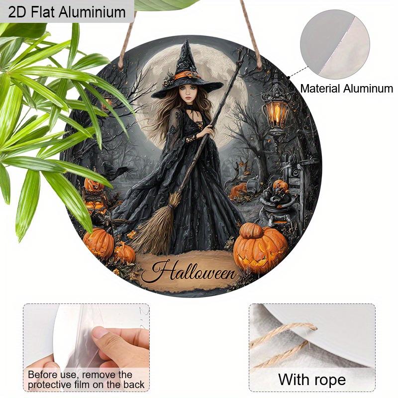 2D Flat Aluminium Halloween Sign with Witch Pattern - Halloween Figurine Ornaments - Ideal for Front Door, Wall, Porch, Window Decor - Ideal