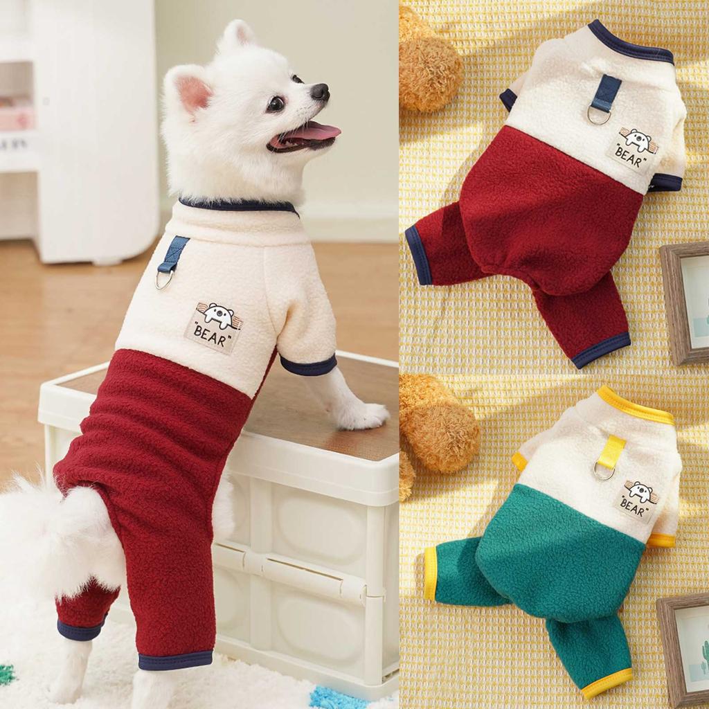 Warm Dog Jumpsuit Stand Collar Cartoon Bear Pattern Dog Four Legged Pants  Fleece with D Ring Puppy  Coat