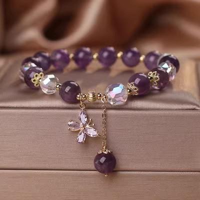 Crystal Amethysts Bracelet Beads for Women Chic Butterfly Tassel Pendant Jewelry Accessories