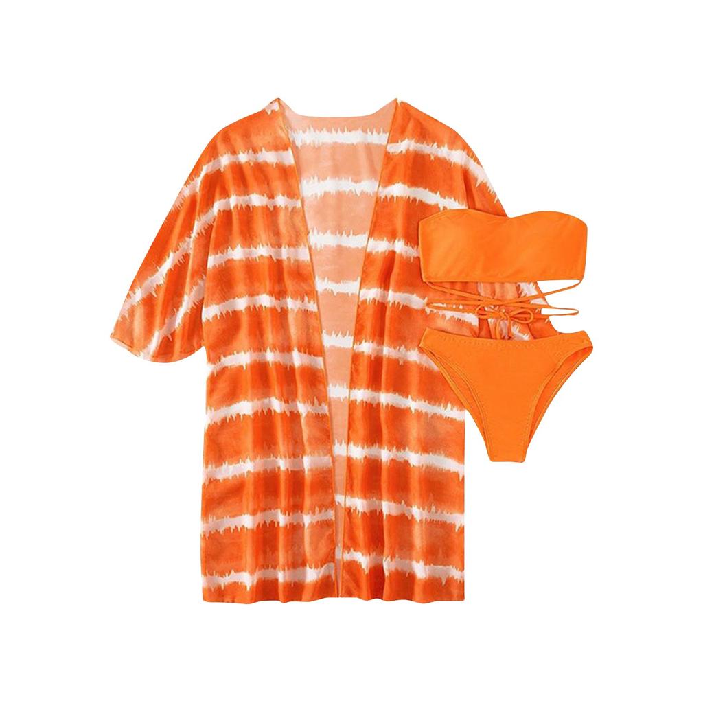 Women's Fashion Swimwear Three Piece Set Bandeau Bikini with Chiffon Cover Up Beachwear Summer Swim Suit