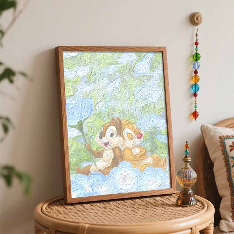 Disney Oil Painting Handmade Diy Chip 'n Dale In Blue Flower Field Gifts Home Decorations