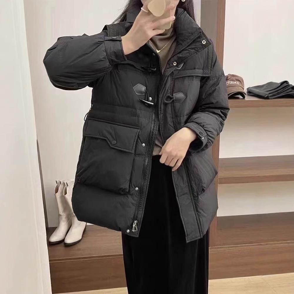 Down jacket women's foreign style winter new medium and long white duck down big pocket fashionable versatile loose thickened coat