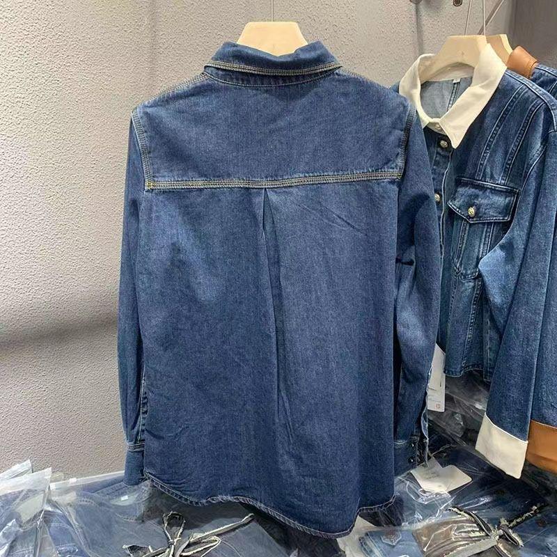 Korean Hong Kong Style Women's Drapey Denim Shirt - Long Sleeve Retro Outerwear, 2024 Spring Trendy Arrival