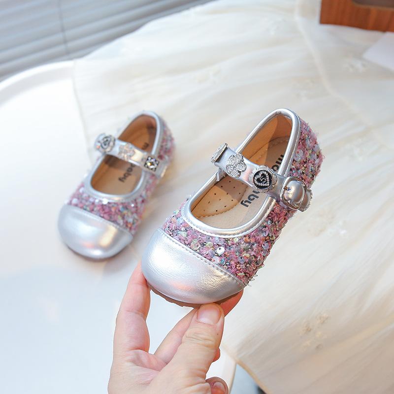 Girls Mary Janes Round Toes Sweet Kids Dance Shoes Ins Trendy Pu Leather Soft Sole 2025 New Girls Princess Shoes Shiny Sequins