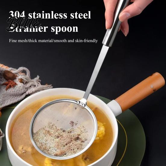 Long Handle Frying Skimmer Stainless Steel Fine Mesh Skimmer, 100-Mesh Oil Strainer Spoon with Heat Resistant Food Handle, Kitchen Ladle for Soup Foam