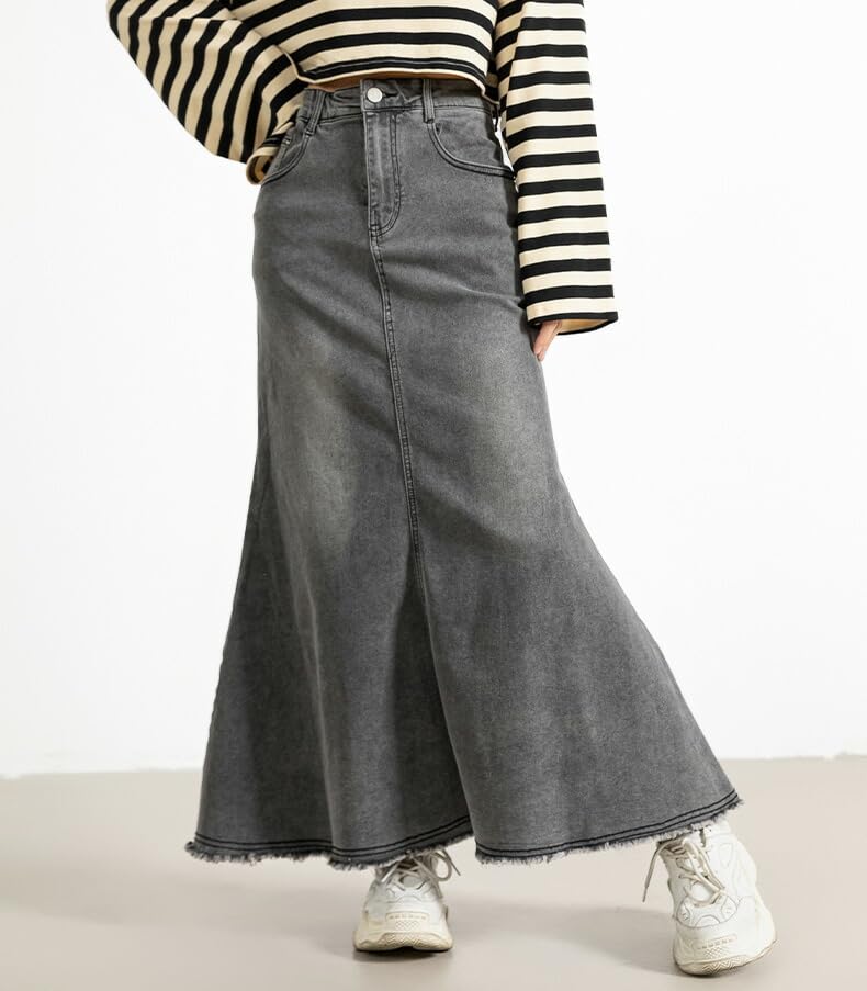 DAYCLOSET Long Denim Mermaid Fringed Skirt007 Women's Skirt, Lightweight, High-Waisted, Hem, Spring, Summer, Fall, (L, Gray)