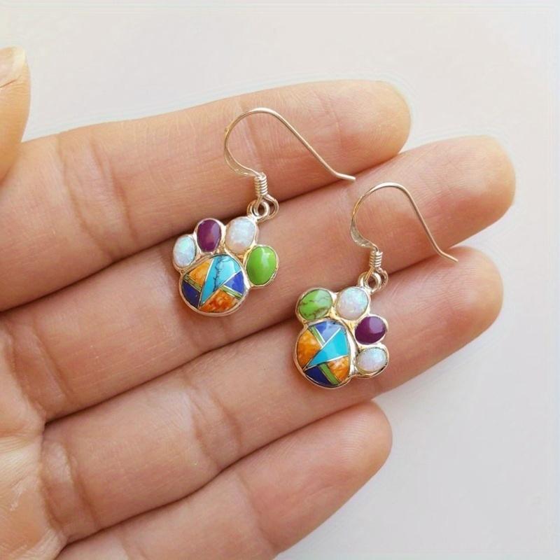 Creative Colored Stone Inlaid Cat Paw Designed Pendant Earrings for Women's Exquisite Festival Jewelry Accessories Gifts