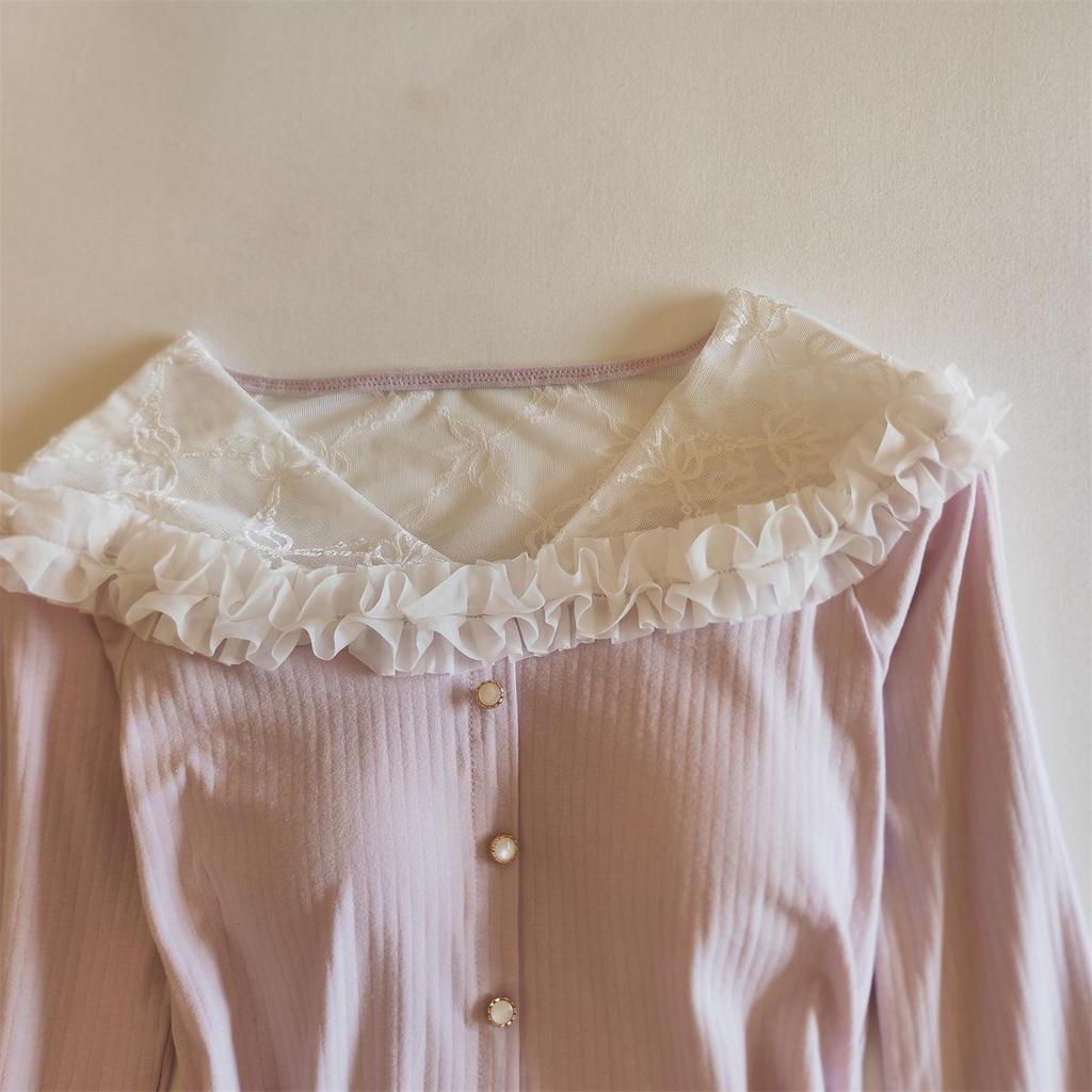 Women's Cotton Pajama Set: Long Sleeve, Lace Trim, Long Pants, Chest Pads, Sexy Style for Spring, Autumn, Winter.