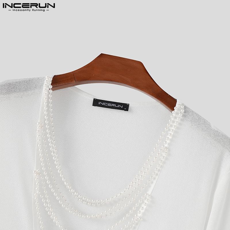 INCERUN Men Beading Low Cut Neck Long Sleeve Fitted Tops T-shirts Undershirts