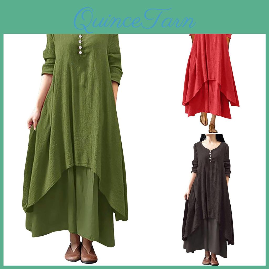 Long Women Casual Sleeve Loose Cotton Linen Boho Long Dress Irregular Dress