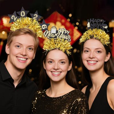 2026 Novoroční čelenka s logem čísla Černý Zlatý Flitrový Design Streamer Zdobená Vlasová Obruč Rekvizita pro Jednotu Týmu