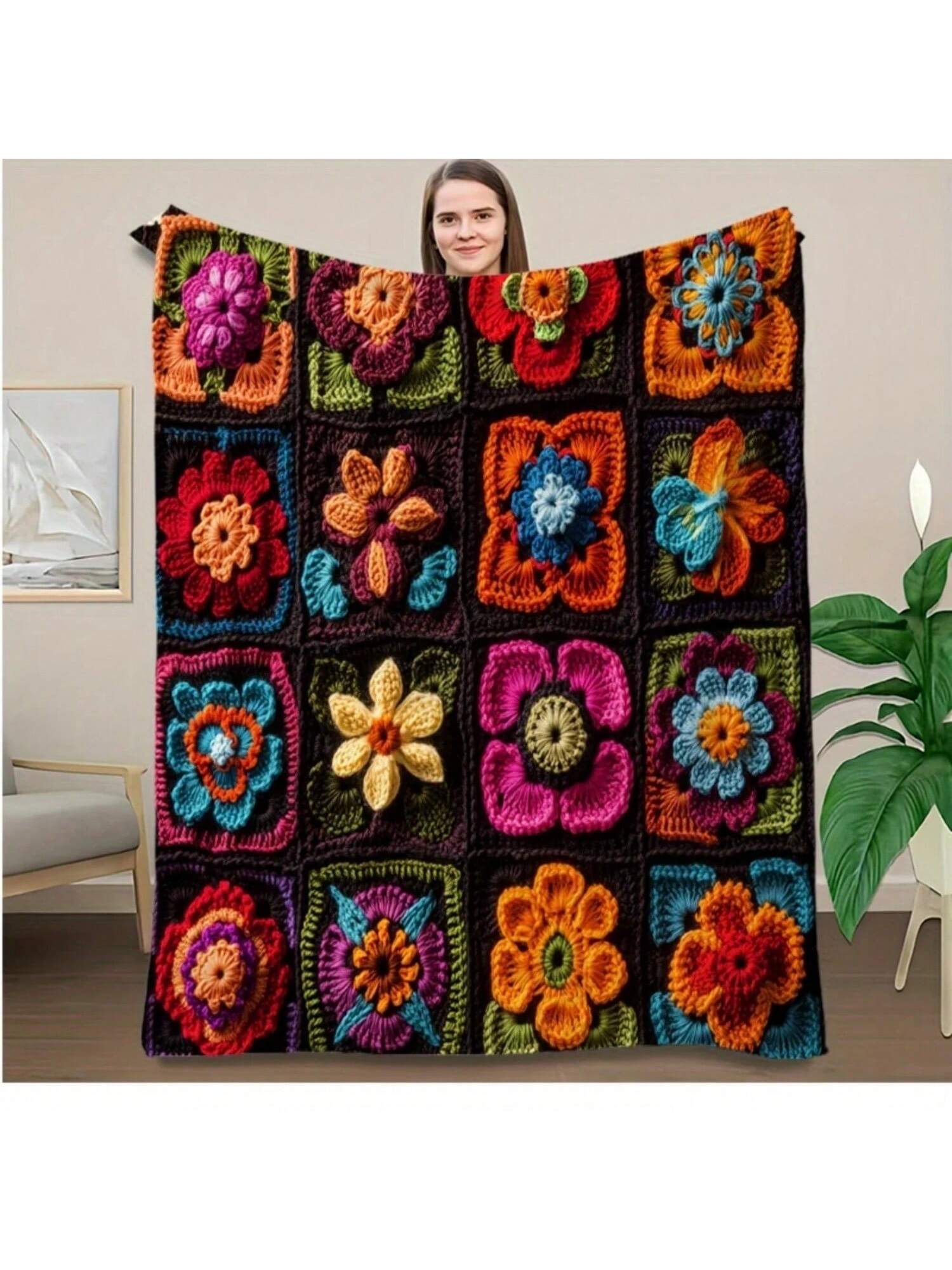 

Crochet 3D Flower Print Blanket, Colorful Bohemian Afghan Knit Throw For Sofa Bed, Home Decor Gift, Cozy Decorative Blanket 75X95CM сірий колір