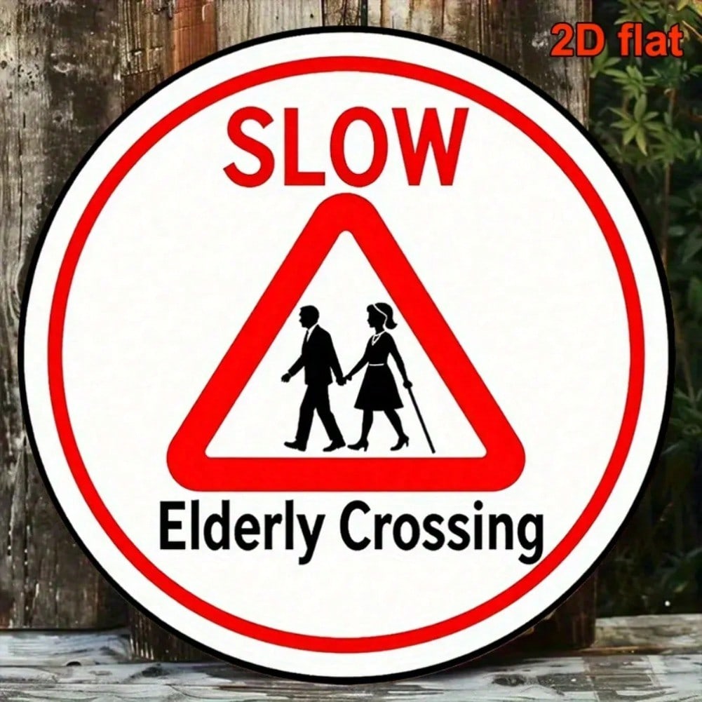 Metal Tin Sign Vintage Road Crossing Traffic Safety Decoration Red White 8x8 Inch 20x20cm Circular 20x20