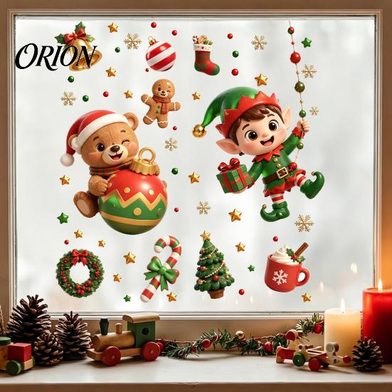No Glue Window Decorations 2PCS Christmas Static Sticker, Cute Cartoon Elves And Bears Removable Festive Stickers Print, PVC Glass for Holiday