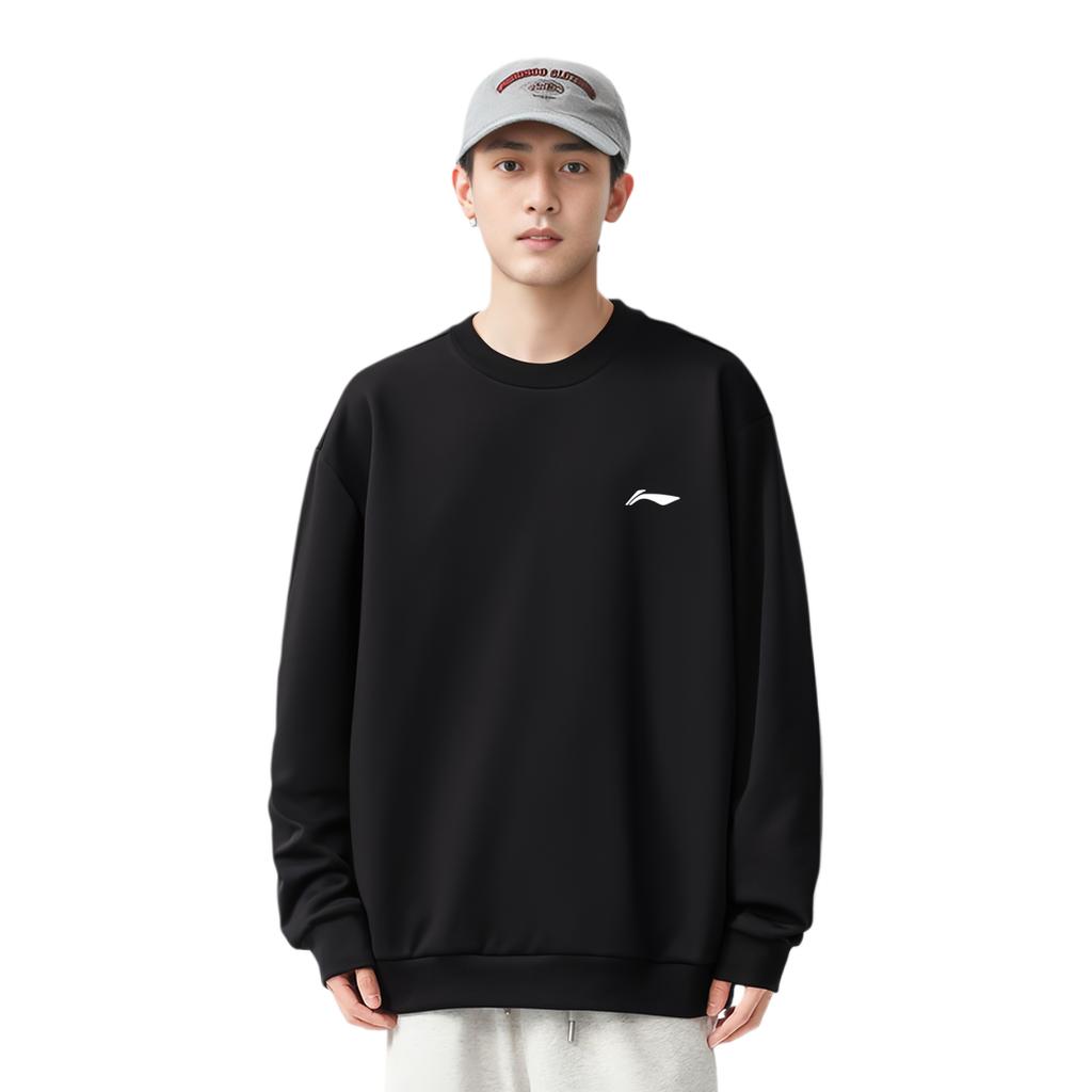 Li Ning Logo Muster Rundhals Fleece Überschnittene Schultern Lockerer Pullover Herren Sweatshirt Schwarz AWDUH59-1