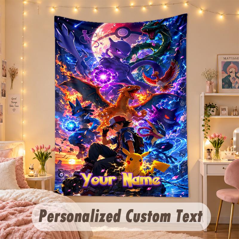 Custom Personalized Tapestry,Pokémon Print Custom Name Text Wall Art Hanging for Bedroom