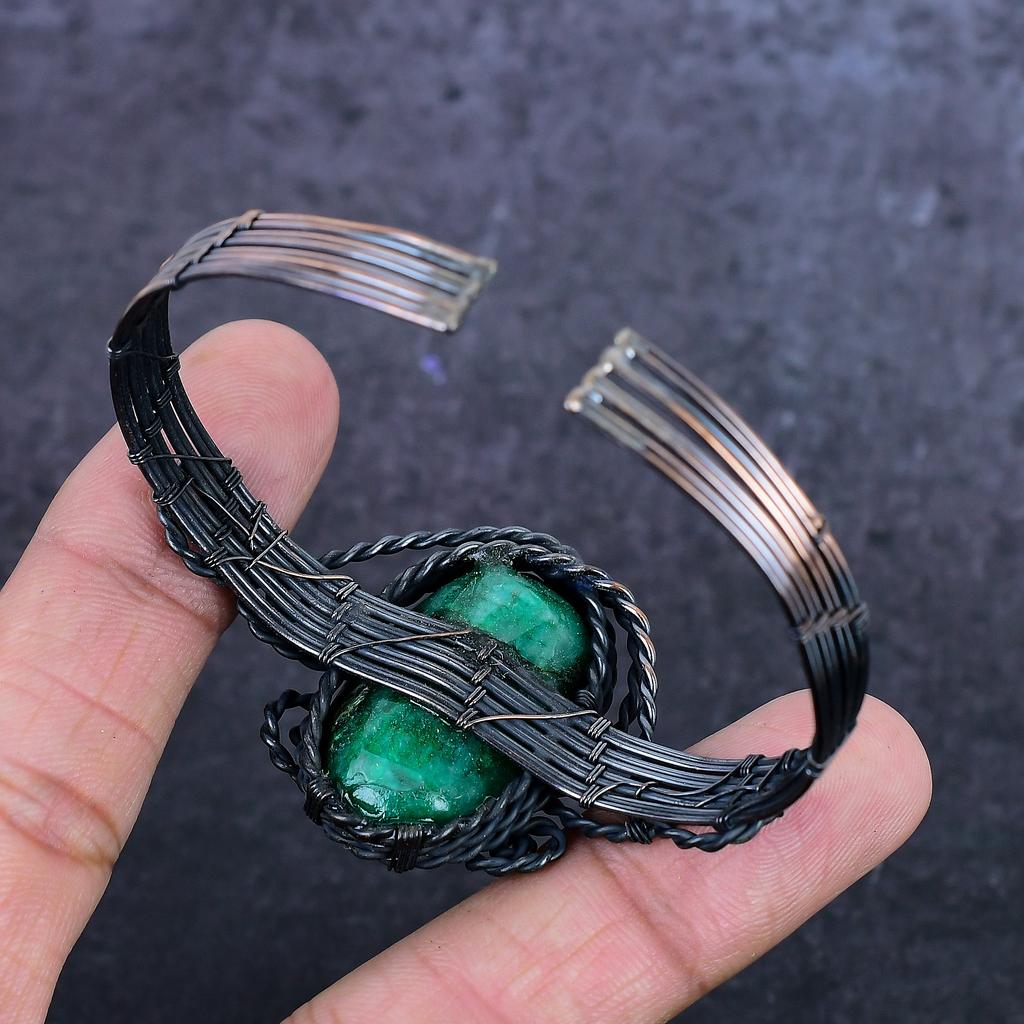Geen Jade Gemstone Handmade Copper Wire Wrap Cuff Bangle Adjustable ET-4965
