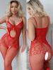 Roter Netz-Bodystocking Damen Sexy Dessous Durchsichtig Offener Schritt Strumpfhose Heiß Erotische Kostüme Transparent Damen Unterwäsche