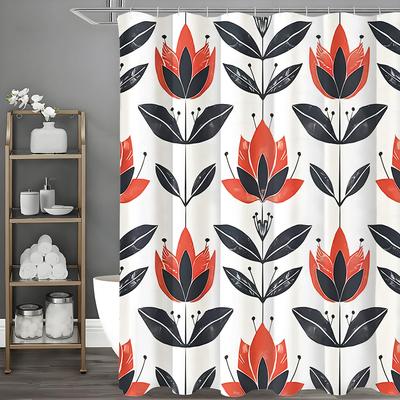 Floral Black Red Shower Curtain, Bathroom Decorative Shower Curtain, Waterproof Shower Curtain with Hooks