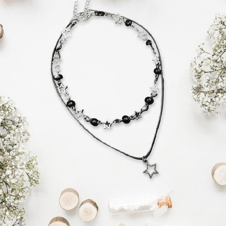 Unique Hollow Star Necklace with Black Bead PU Leather Rope Choker Double Layered Clavicle Chain for Trendy Women