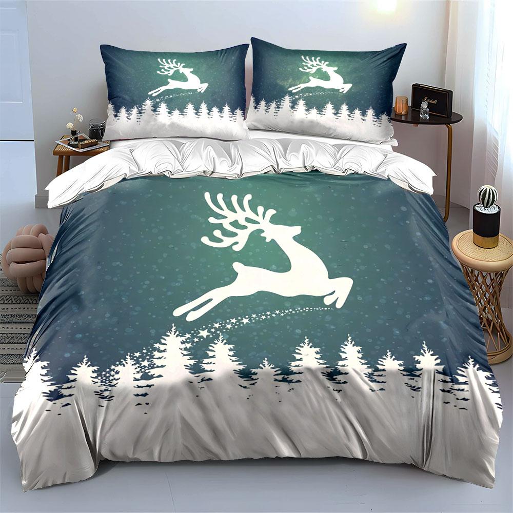 Winter Reindeer Forest Scene Bedding Duvet Cover Set Duvet Cover Pillowcases  (1*Duvet Cover 2*Pillowcases, Without Duvet Insert)