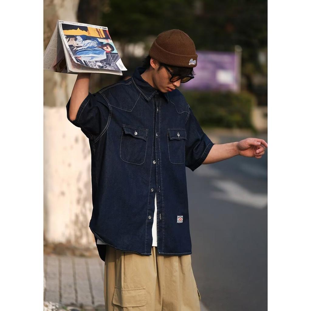 Japonská retro módní značka Letní volná džínová košile s krátkým rukávem Umělecká košile pro mladé Pracovní oděv Pánská a dámská vrstvená bunda