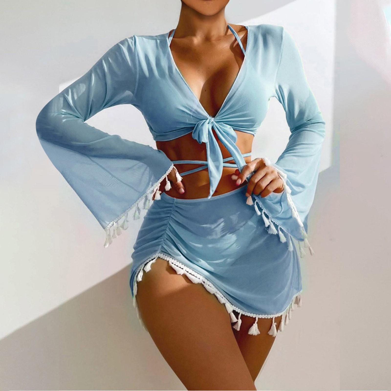 

Женский однотонный купальник, женский купальник с разрезом на тонких бретельках и высокой талией, комплект из четырех предметов XL небесно-голубой