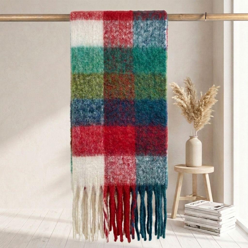 Women's High-Grade Colorful Plaid Mohair Scarf - Thick, Warm, and Versatile for Winter