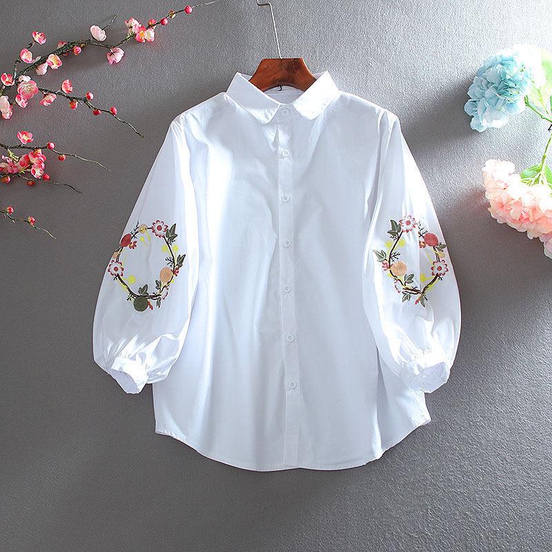 

Всё вышитое Летняя рубашка с рукавом три четверти Литературный темперамент женственный отложной воротник Повседневные топы XXL белый