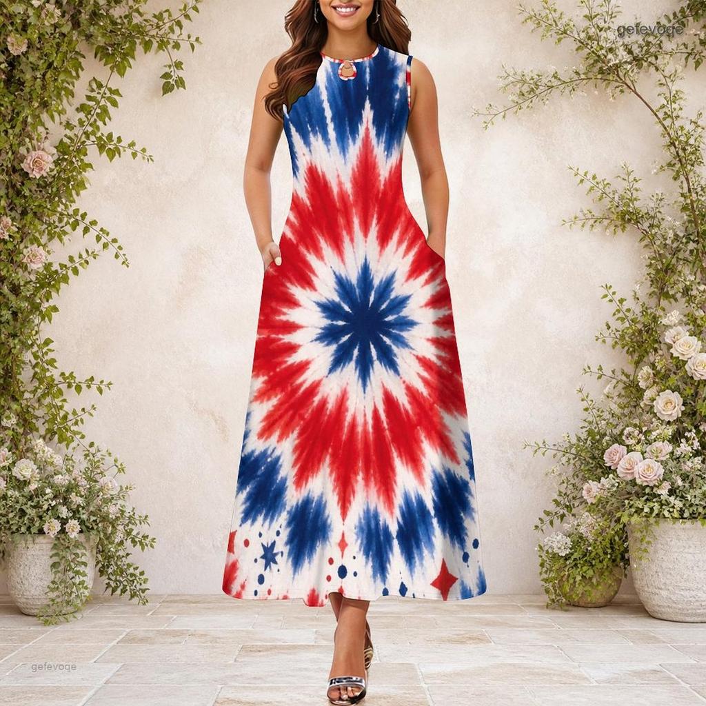 Women Plus Size Sleeveless Keyhole Neck Printed Navy Blue A Line Long Dress