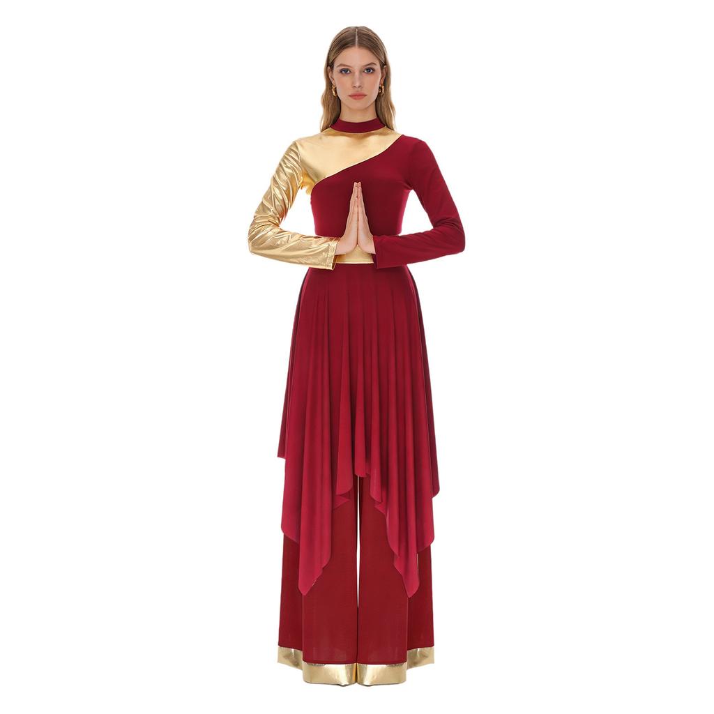 S-XXL Womens Worship Praise Dance Costume Long Sleeve Asymmetrical Hem Dress and Wide Leg Pants Contrast Color Dancewear Outfits